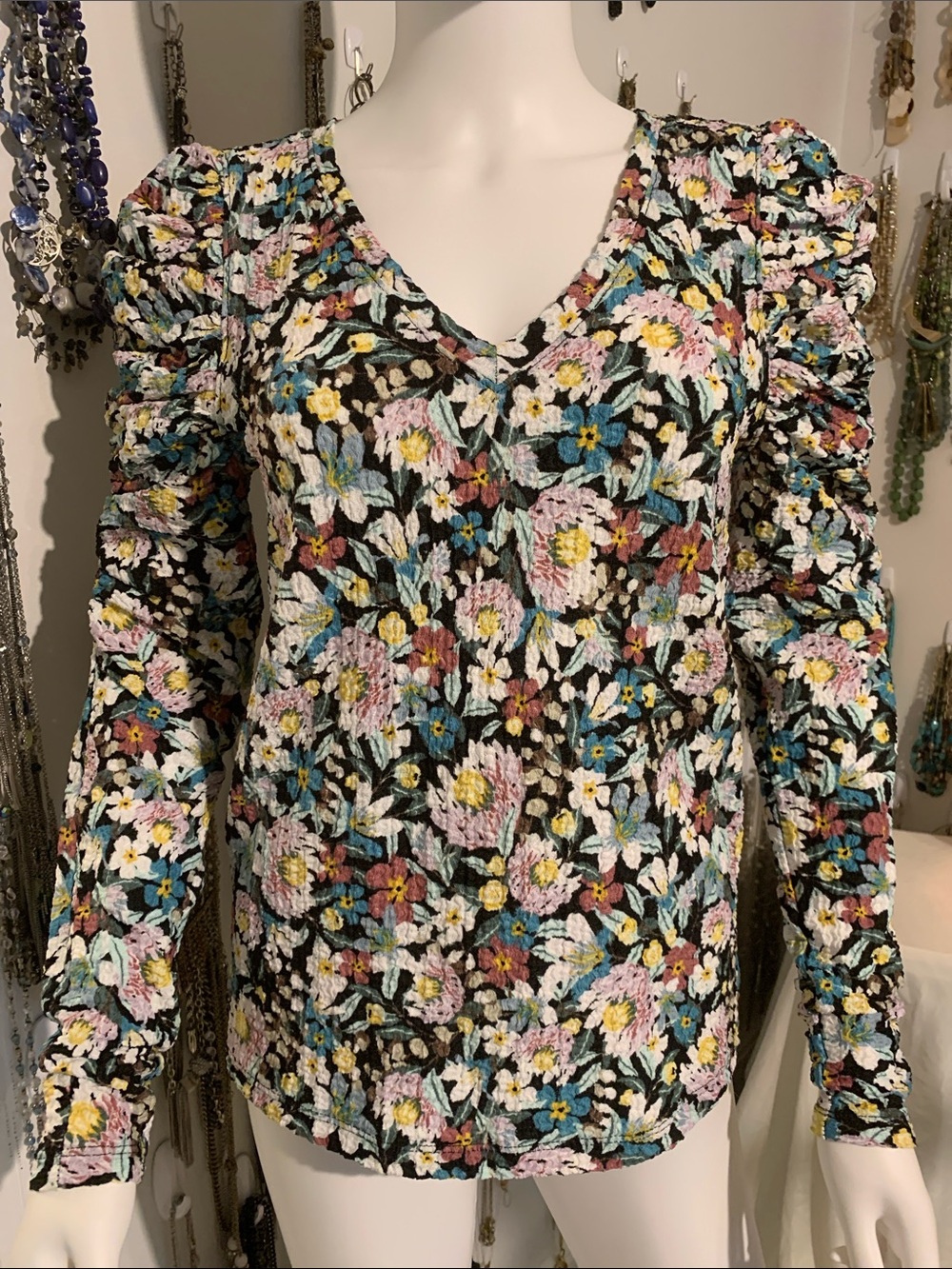 LOFT Black Floral-Print Smocked Top with Blue & Yellow Accents
